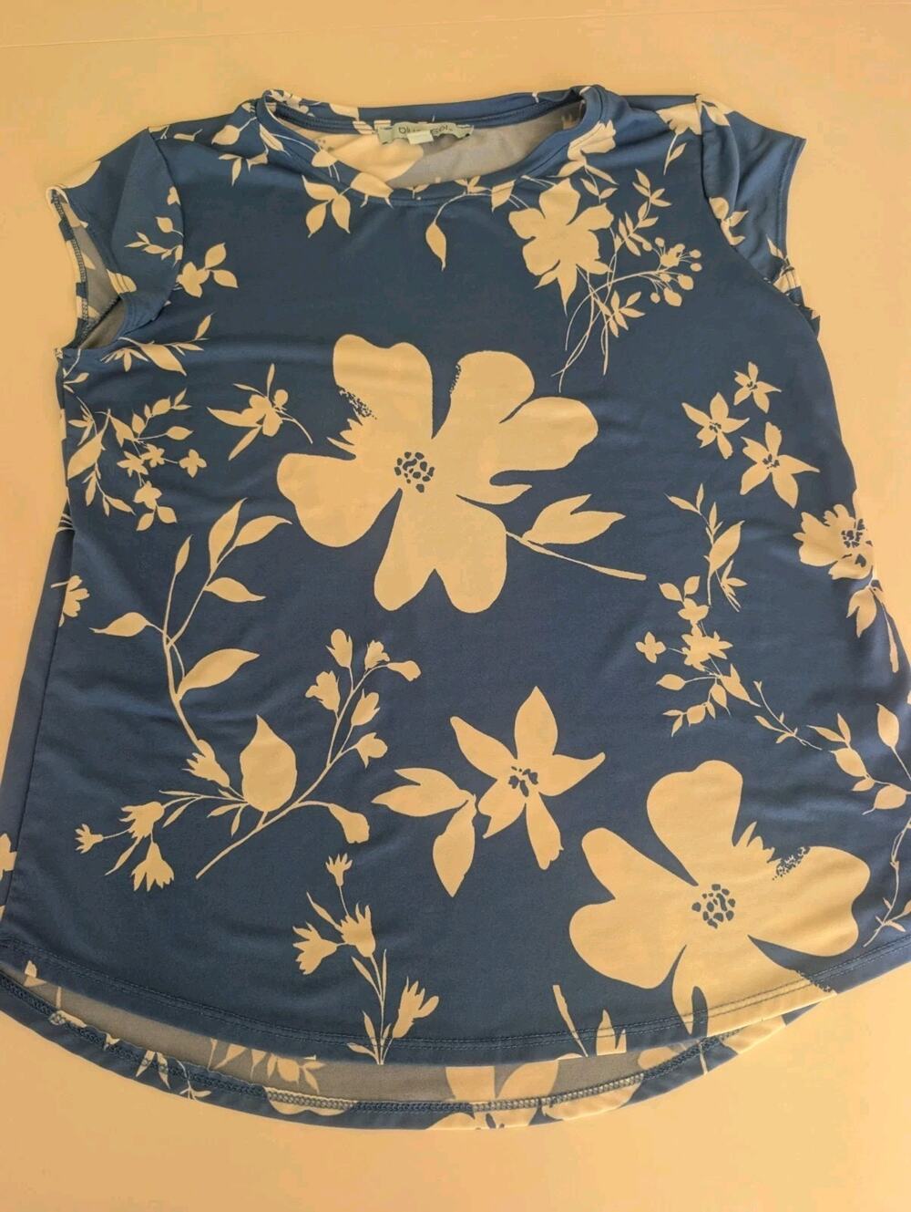 Blue Sol Womens Top Blue Floral Round Neck Cap Sleeve Tropical Summer Size L